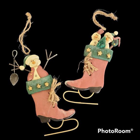 Vintage Winter Ice Skates With Snowman Christmas Ornaments Set of Two - Picture 1 of 15